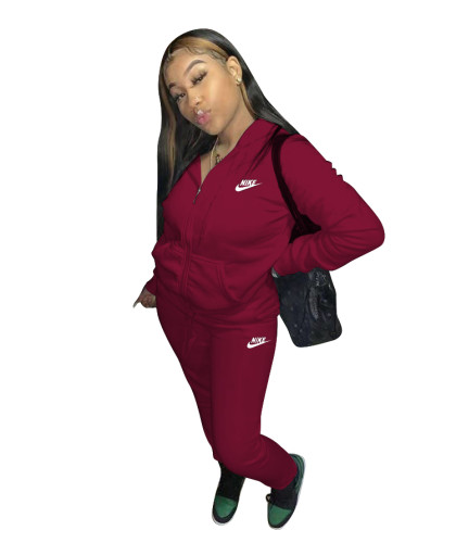 Casual Wine Red Nike Clothes Lounge Wear Sports Embroidery Hoodie Women Sweat Suit Set