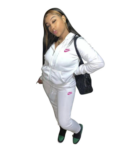 Casual White Nike Clothes Lounge Wear Sports Embroidery Hoodie Women Sweat Suit Set