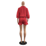 Solid Color Red Convertible Collar Ruffled Short Romper