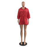 Solid Color Red Convertible Collar Ruffled Short Romper