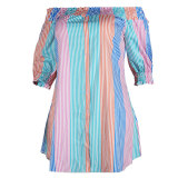 Plus Size Color Striped Off The Shoulder Irregular Mini Dress