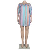 Plus Size Color Striped Off The Shoulder Irregular Mini Dress
