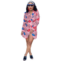 Casual Pink Lip & Letter Print Turn-Down Collar Long Coat