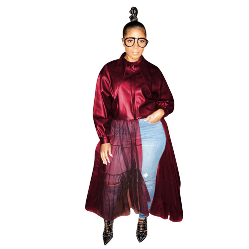 Wine Red Winter Women's Wear Big Collar PU leather Coat with Mesh Leather Jacket