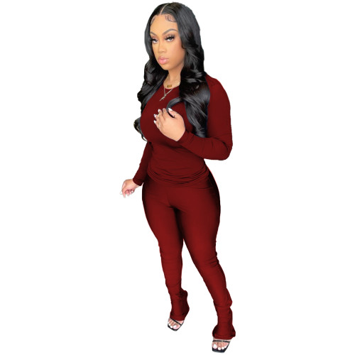 Autumn Pure Color Wine Red Sports Blouse Flared Pants Set