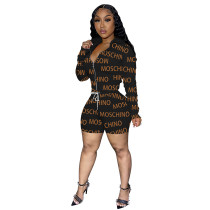 Black Women Hooded Contrast Color Printed Cardigan Women Clothes Set with Zipper