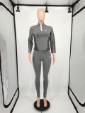 Casual Gray-black Printed High Neck Zipper 2 Piece Sweatpants Set