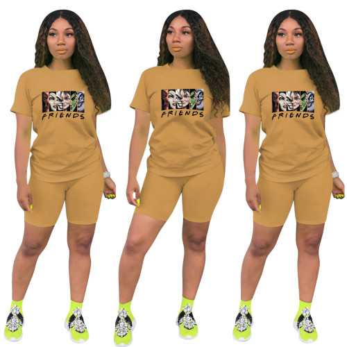 Fashion Apricot Ladies Shorts Tracksuit Printed Avatar Women Short Sets