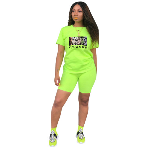 Fashion Fluorescent Green Ladies Shorts Tracksuit Printed Avatar Women Short Sets