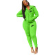 Casual Fluorescent Green Embroidery Letter Cardigan Pant Set with Hat