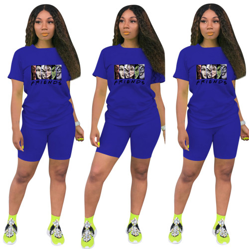 Fashion Royal Blue Ladies Shorts Tracksuit Printed Avatar Women Short Sets