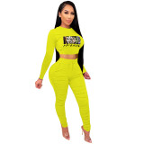Casual Yellow Printed Avatar Stacked Joggers Pants Two Piece Pants Set