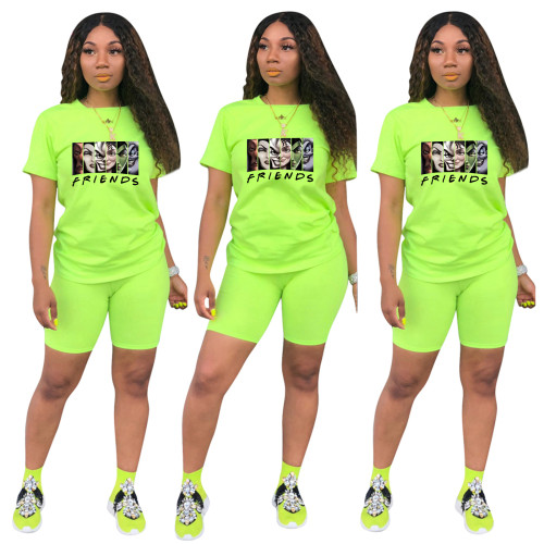 Fashion Fluorescent Green Ladies Shorts Tracksuit Printed Avatar Women Short Sets
