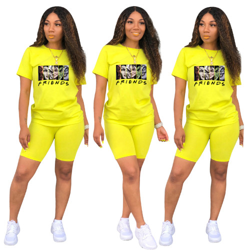 Fashion Yellow Ladies Shorts Tracksuit Printed Avatar Women Short Sets