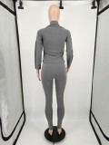 Casual Gray-black Printed High Neck Zipper 2 Piece Sweatpants Set