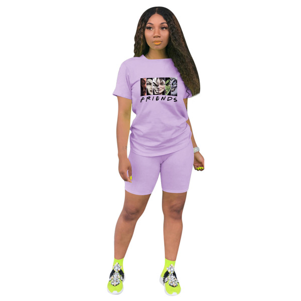 Fashion Purple Ladies Shorts Tracksuit Printed Avatar Women Short Sets