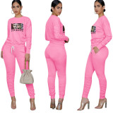 Pink Printed Avatar Two Piece Outfits for Women Autumn Biker Shorts Sets with Pockets Bodycon Jogger Sets