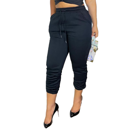 Casual Black Drawstring Sports Thickened Pants with Pockets