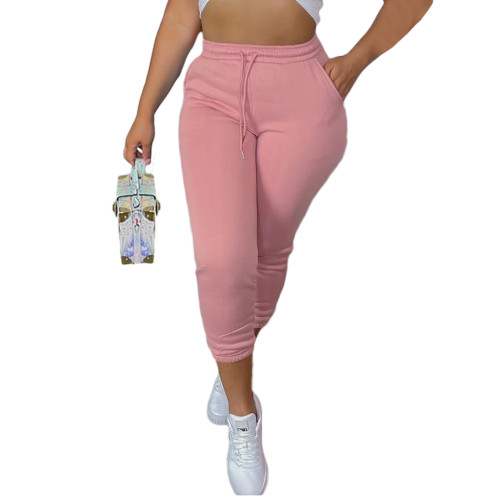 Casual Pink Drawstring Sports Thickened Pants with Pockets