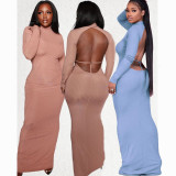 Blue Autumn Winter Women Fashion Sexy Party Club Outfits Long Sleeve Solid Backless Skinny Pit Maxi Dress