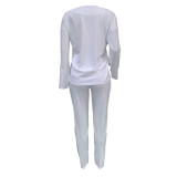 White Fashion Casual Solid Basic O Neck Long Sleeve Two Pieces For Winter