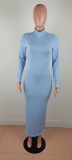 Blue Autumn Winter Women Fashion Sexy Party Club Outfits Long Sleeve Solid Backless Skinny Pit Maxi Dress