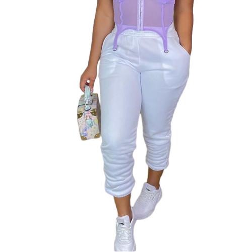 Casual White Drawstring Sports Thickened Pants with Pockets