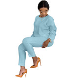 Light Blue Fashion Casual Solid Basic O Neck Long Sleeve Two Pieces For Winter