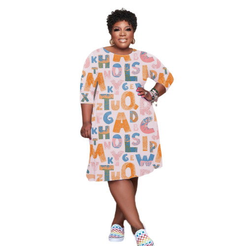 Casual Letter Printed Plus Size Women Clothing Midi Dress