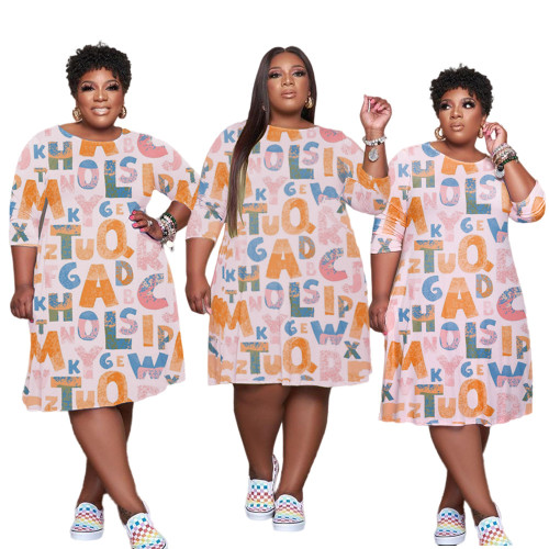 Casual Letter Printed Plus Size Women Clothing Midi Dress