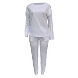 White Fashion Casual Solid Basic O Neck Long Sleeve Two Pieces For Winter