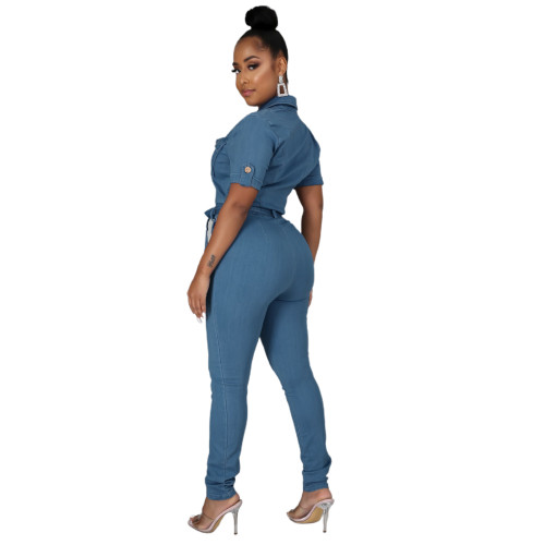 Casual Turn-down Neck Short Sleeve Lace-up Denim Jumpsuit