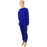 Solid Color Royal Blue Round Neck Women Joggers Pants Two Piece Pants Set with Pocket