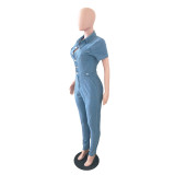 Casual Turn-down Neck Button Short Sleeve Denim Jumpsuit For Women