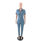 Casual Turn-down Neck Button Short Sleeve Denim Jumpsuit For Women