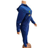 Casual Blue Embroidery Sports Fashion 2 Piece Sweatpants and Hoodie Set