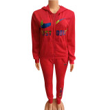 Casual Red Embroidery Sports Fashion 2 Piece Sweatpants and Hoodie Set