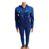 Casual Blue Embroidery Sports Fashion 2 Piece Sweatpants and Hoodie Set