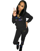 Casual Black Embroidery Sports Fashion 2 Piece Sweatpants and Hoodie Set
