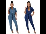 Casual Turn-down Neck Short Sleeve Lace-up Denim Jumpsuit