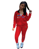 Casual Red Embroidery Sports Fashion 2 Piece Sweatpants and Hoodie Set