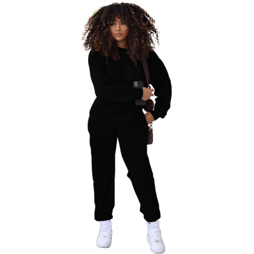 Solid Color Round Neck Women Joggers Pants Two Piece Pants Set with Pocket