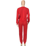 Solid Color Red Round Neck Women Joggers Pants Two Piece Pants Set with Pocket