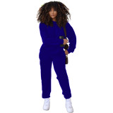 Solid Color Royal Blue Round Neck Women Joggers Pants Two Piece Pants Set with Pocket