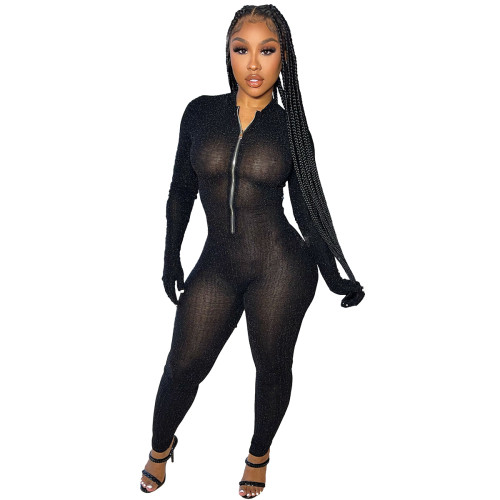 Solid Color Black Mesh See Through Long Sleeve Jumpsuit with Flexible Removable Gloves