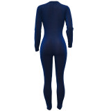 Solid Color Blue Mesh See Through Long Sleeve Jumpsuit with Flexible Removable Gloves