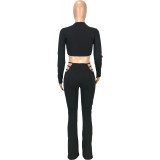 Solid Color Black Crop Top and Sexy Micro Horn Trousers