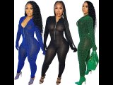 Solid Color Blue Mesh See Through Long Sleeve Jumpsuit with Flexible Removable Gloves