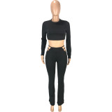 Solid Color Black Crop Top and Sexy Micro Horn Trousers