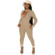 Casual Khaki Zipper Pocket Embroidered Notched Collar Women Jumpsuit